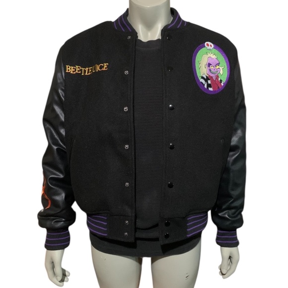 Beetlejuice Halloween Horror Haunted House Mens Varsity Embroidered Patch Jacket - Picture 7 of 11